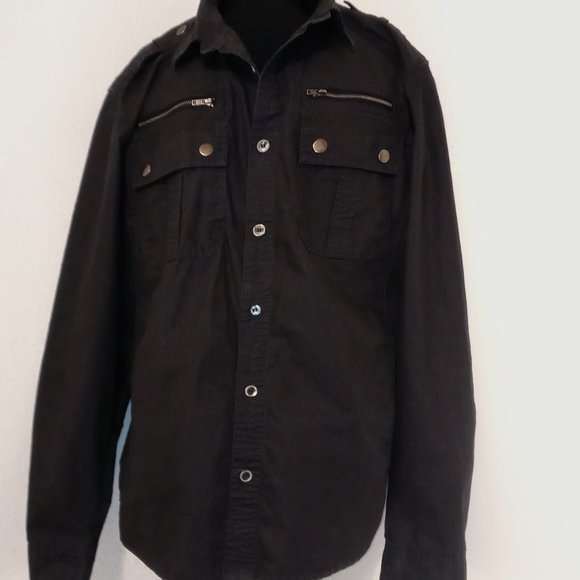 PD&C Men's Collared Long Sleeve Button Up Dark Gray Shirt Reinforced Elbow - Picture 1 of 15
